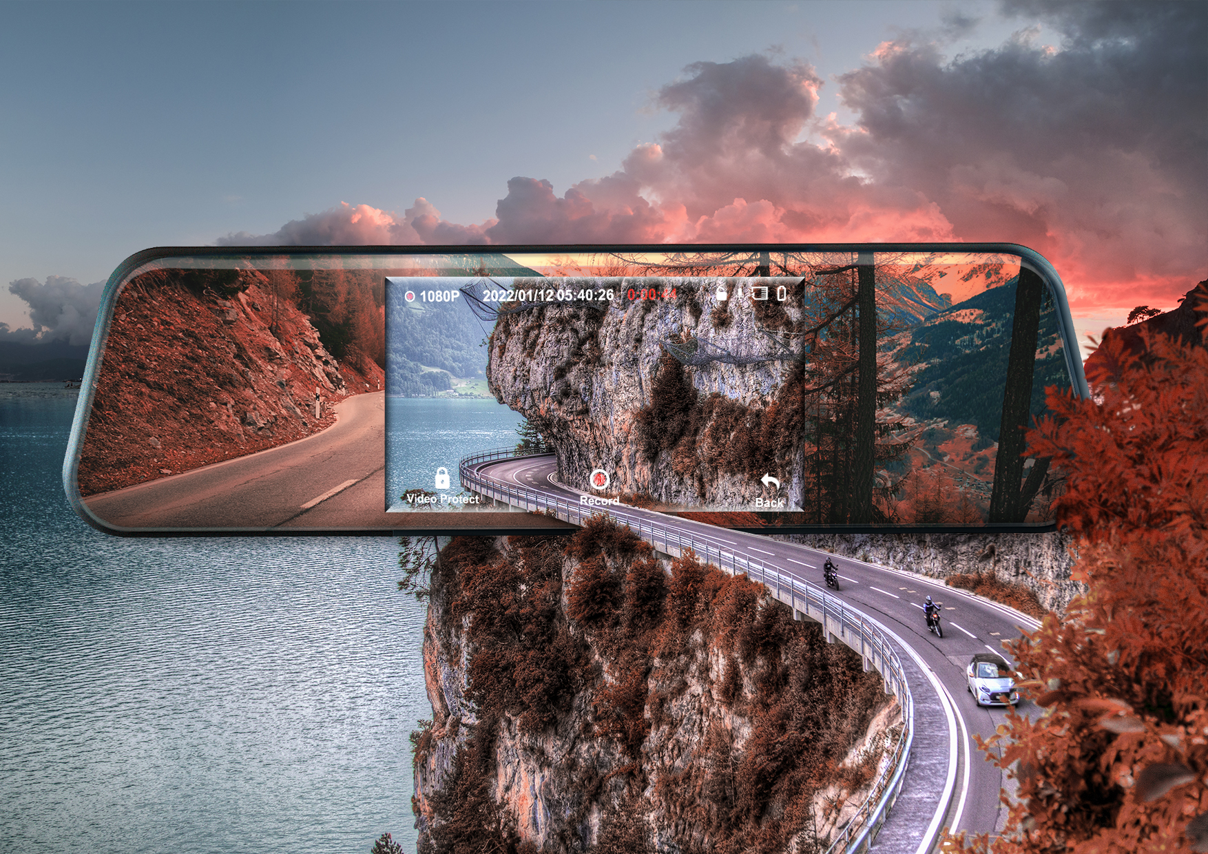 Wideorejestrator jazdy w lusterku full hd z kamerą cofania i piękny krajobraz