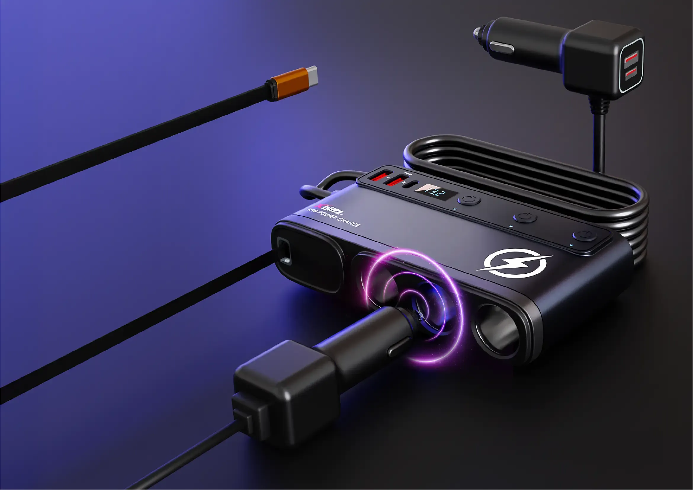 Rozdzielacz samochodowy Xblitz R10 z portami USB i gniazdami zapalniczki, pokazane kluczowe parametry mocy 228W