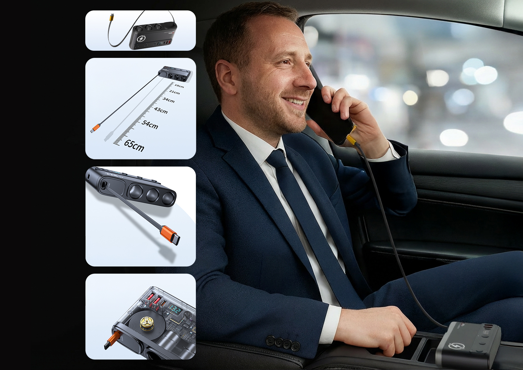 Widok pokazujący możliwość jednoczesnego zasilania do 9 urządzeń w samochodzie