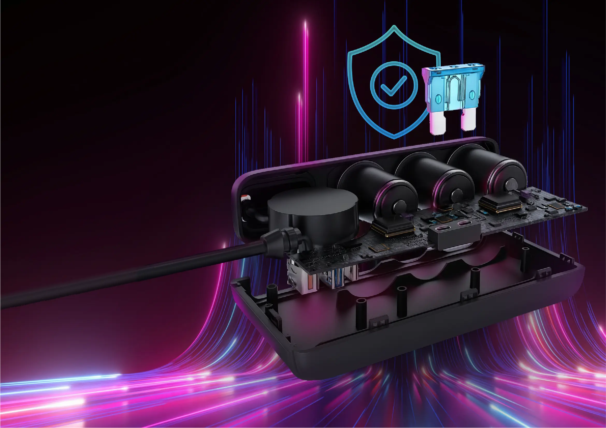 Rozdzielacz z trzema gniazdami zapalniczki i osobnymi przyciskami do sterowania każdym gniazdem