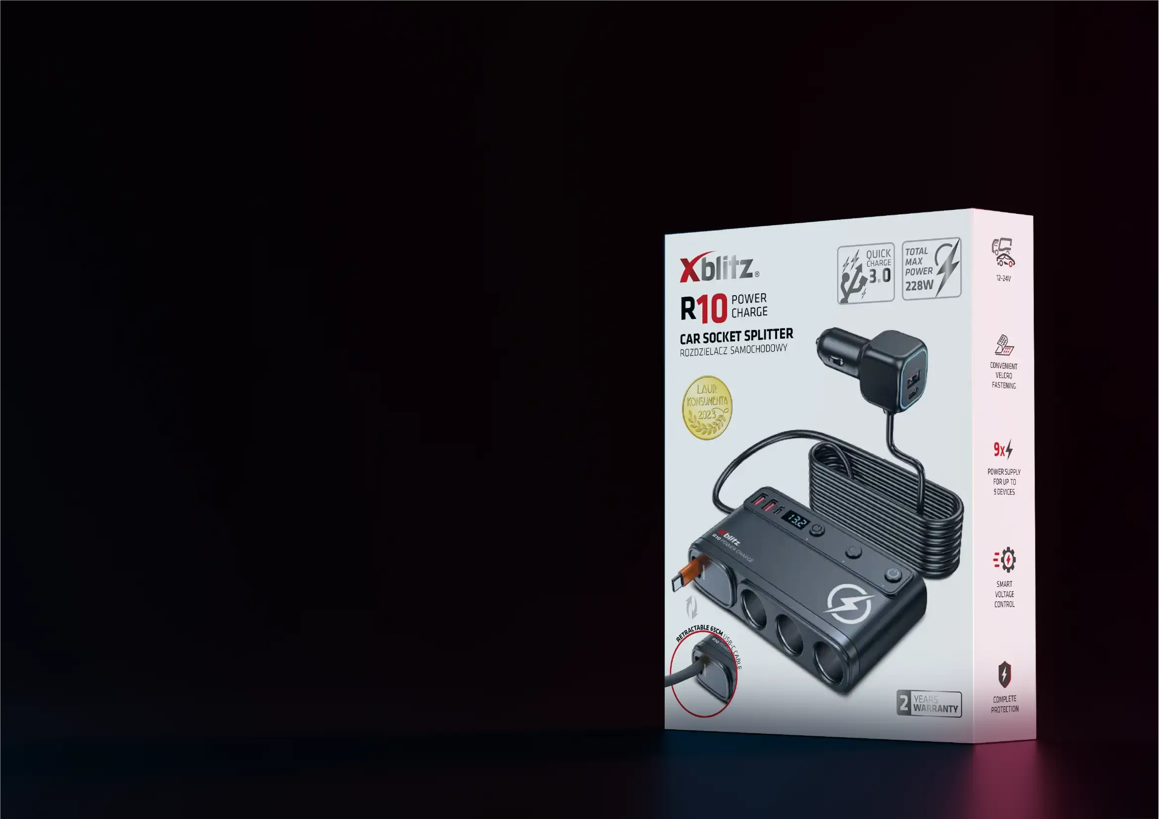 Rozdzielacz samochodowy Xblitz R10 z portami USB i gniazdami zapalniczki, pokazane kluczowe parametry mocy 228W