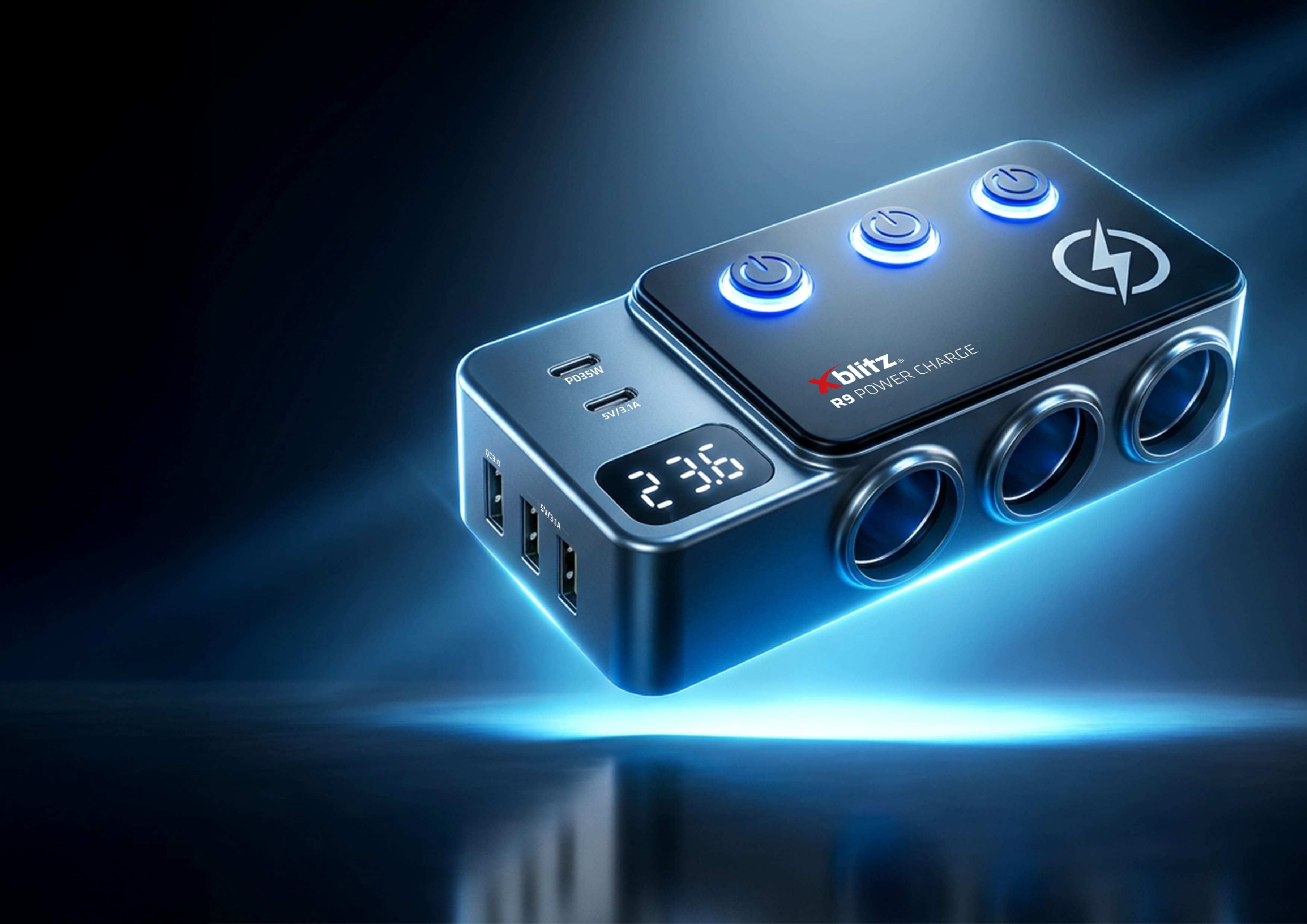 Rozdzielacz z trzema gniazdami zapalniczki i trzema podświetlanymi przyciskami na obudowie