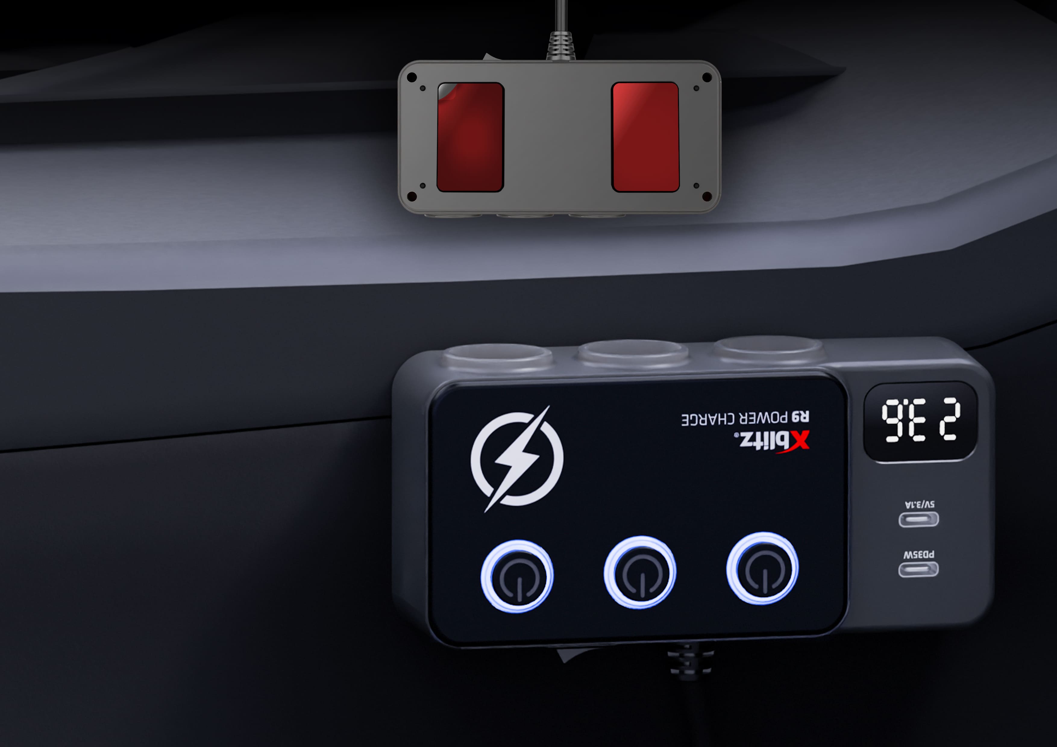 Widok rozdzielacza oraz ilustracja dwustronnej taśmy mocującej do montażu w samochodzie