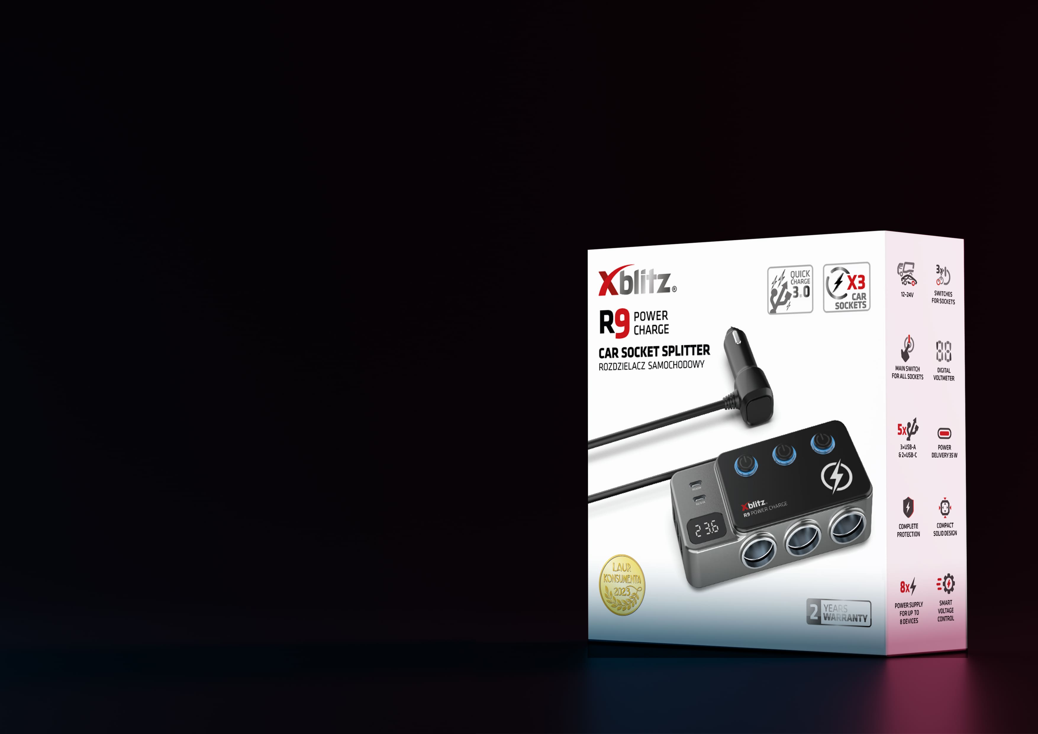 Rozdzielacz samochodowy Xblitz R9 z portami USB-A i USB-C oraz oznaczeniami mocy i funkcji