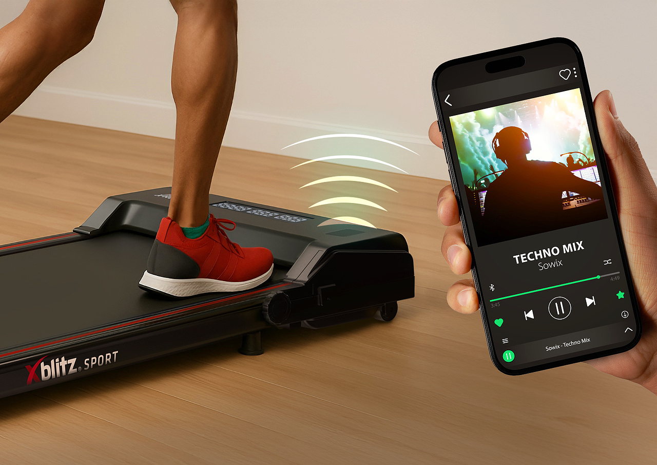 Aplikacja mobilna FitShow do bieżni Xblitz X-Runner z danymi treningowymi i sterowaniem