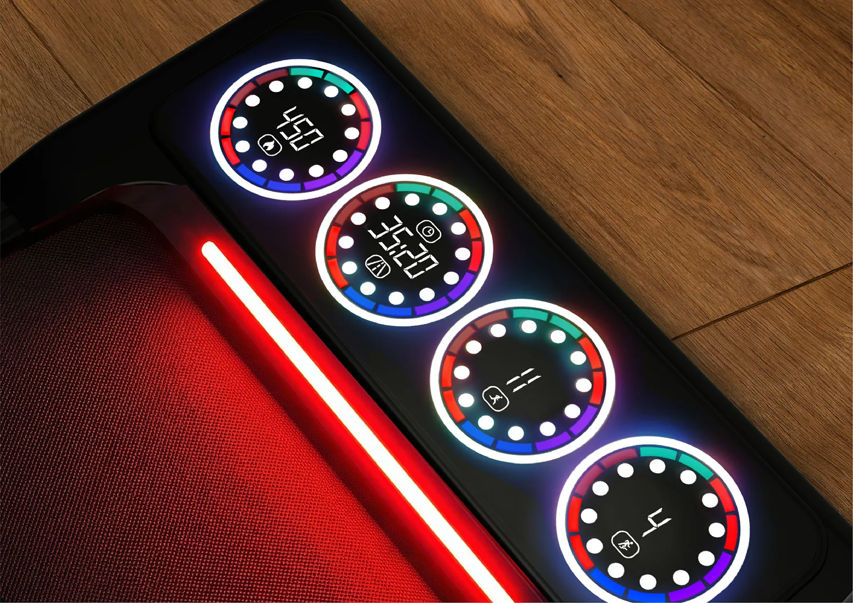 Panel bieżni Xblitz Sport X-Runner 2 z czterema okrągłymi wskaźnikami świetlnymi na drewnianej podłodze