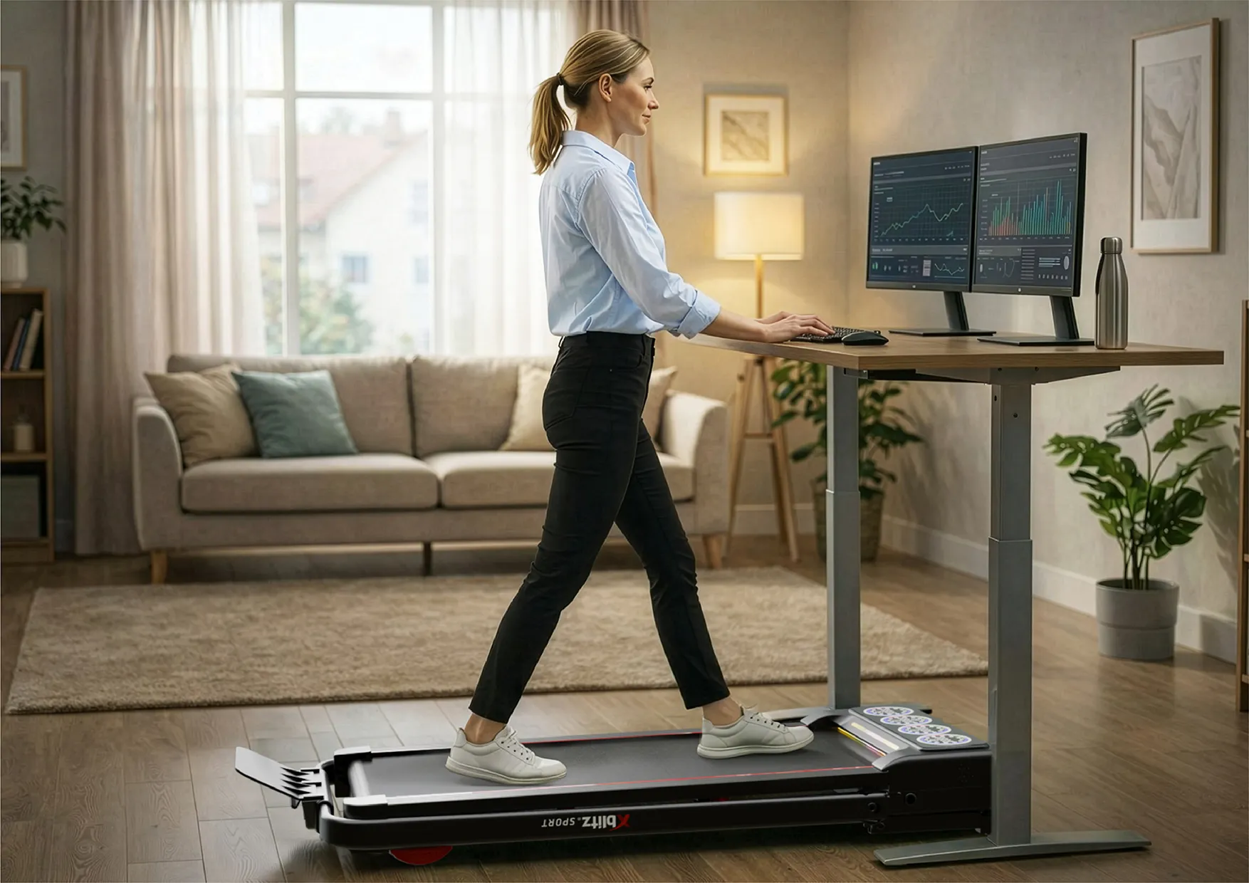 ŁBieżnia Xblitz Sport X-Runner 2 ustawiona przy ścianie, obok sofa i stolik z rośliną w salonie