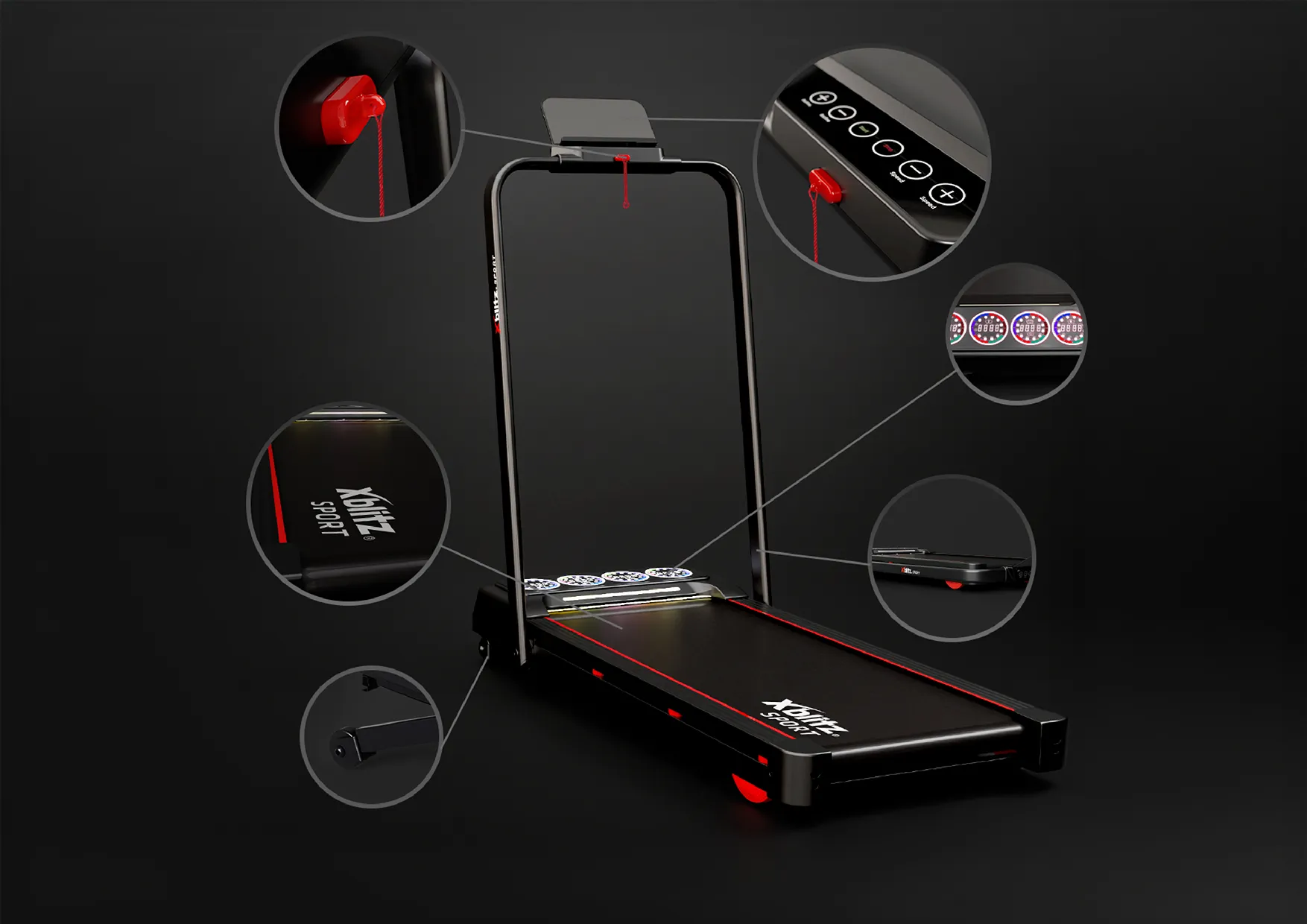 Bieżnia Xblitz Sport X-Runner 2 ustawiona przy ścianie w salonie z rośliną i zasłonami