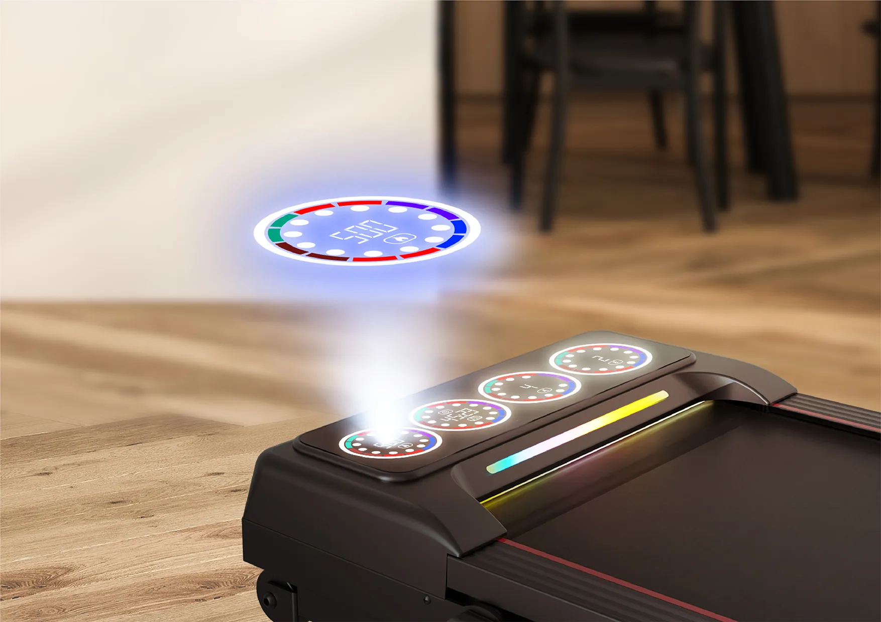 Bieżnia Xblitz Sport X-Runner 2 ustawiona w jasnym salonie obok sofy i stolika