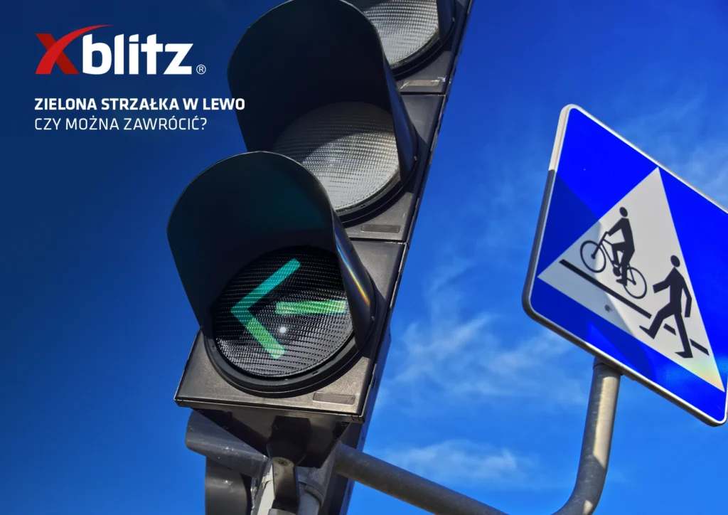 Zielona strzałka w lewo na sygnalizatorze i znak przejścia dla pieszych z drogą dla rowerów