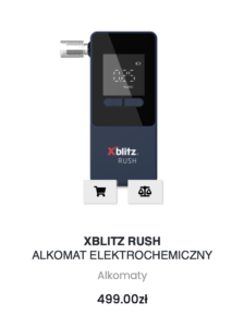 Alkomat elektrochemiczny Xblitz Rush prostokątne urządzenie w granatowej obudowie z czarnym panelem, cyfrowym wyświetlaczem LED, dwoma przyciskami sterującymi i ustnikiem zamontowanym z lewej strony.
