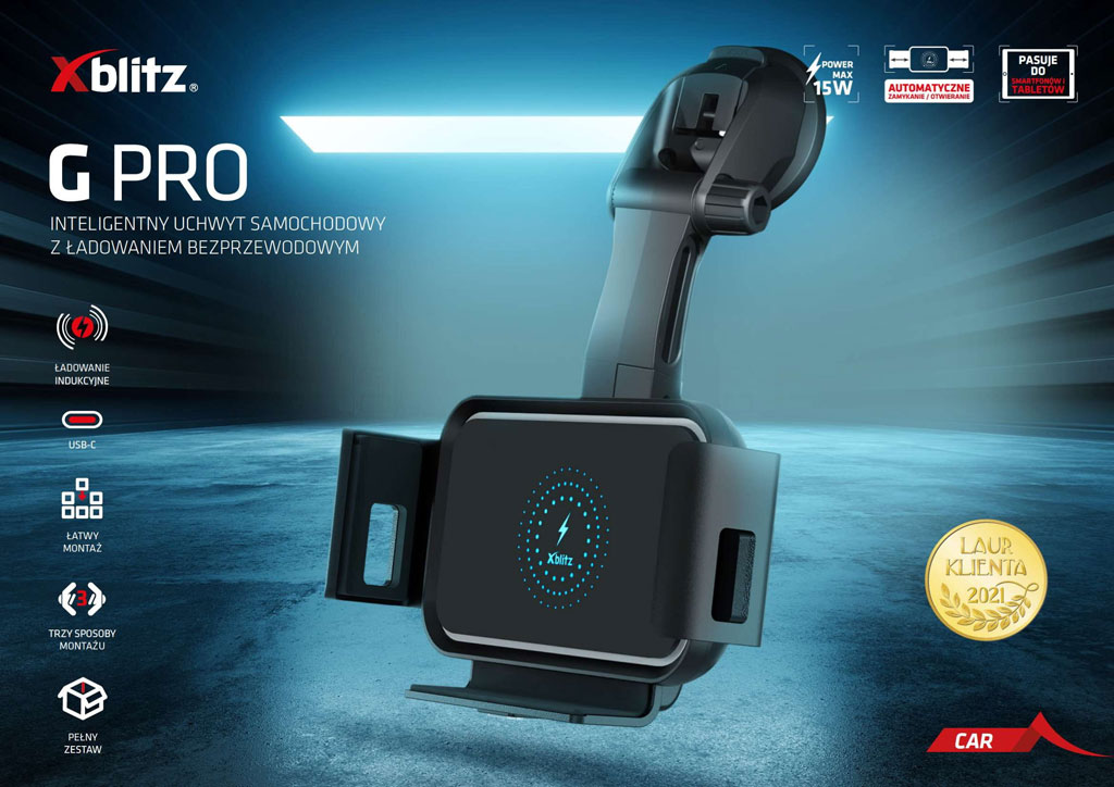 Xblitz G PRO - uchwyt samochodowy do dużych telefonów z bezprzewodowym ładowaniem