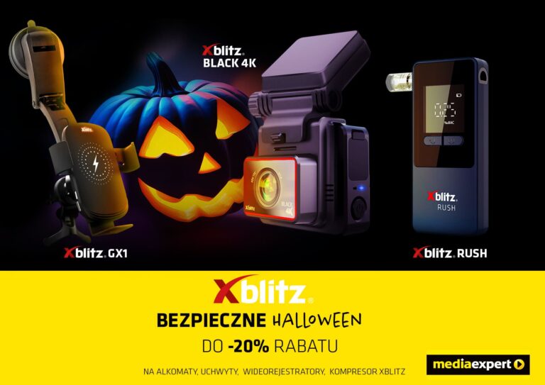 Xblitz Halloween Promo Media Expert Kampania promocyjna "Bezpieczne Halloween" z rabatami do -20% na alkomaty, wideorejestratory, uchwyty i kompresory marki Xblitz. Akcja dostępna w Media Expert