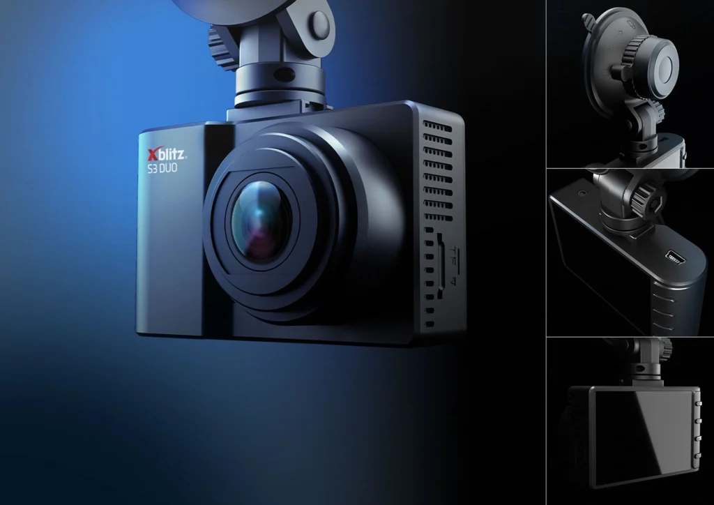 Obraz przedstawia kamerę samochodową Xblitz S3 DUO w zbliżeniu oraz trzy mniejsze ujęcia detali: uchwytu z przyssawką, przycisku włączania i tylnej części z wyświetlaczem