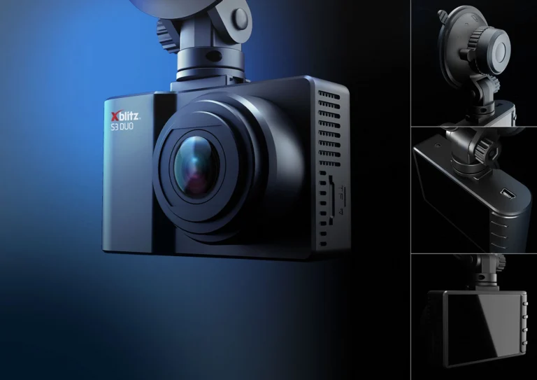 Obraz przedstawia kamerę samochodową Xblitz S3 DUO w zbliżeniu oraz trzy mniejsze ujęcia detali: uchwytu z przyssawką, przycisku włączania i tylnej części z wyświetlaczem